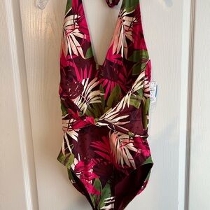 NWT Size 16 Lands' End Woman's Halter Neck Wrap Floral Tropical Swimsuit Suit
